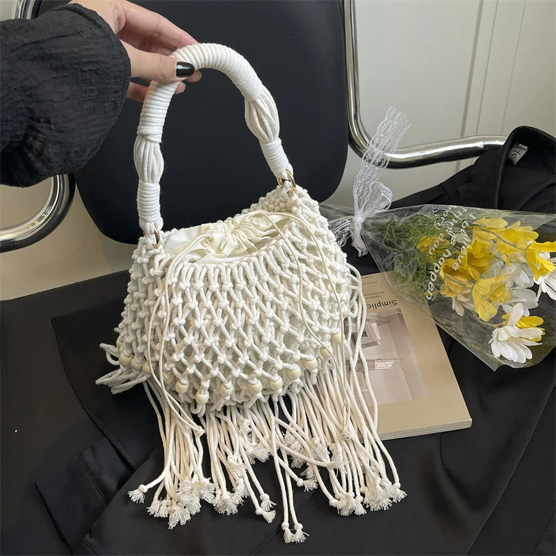 Moods Boho Style Shoulder Basket Bags Women 2-In-1 Yarn Knitted Drawstring Bucket Handbags Summer