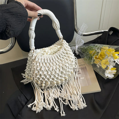 Moods Boho Style Shoulder Basket Bags Women 2-In-1 Yarn Knitted Drawstring Bucket Handbags Summer