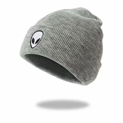 Knitted Beanie Hat with Alien Ghost Skull Embroidery