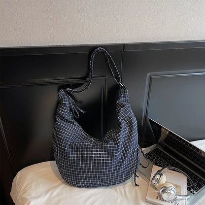 Large Canvas Plaid Shoulder Bag Pleated Hobo Crossbody Tote