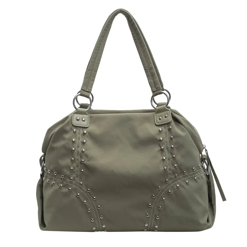 Women's Nylon Rivet Tote Bag – Large Shoulder Commuter Handbag