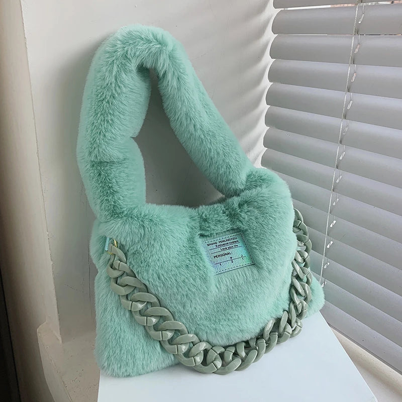 Soft Plush Shoulder Bags Women 2022 Winter Luxury Designer Handbag Thick Chain Fluffy Hand Warmers