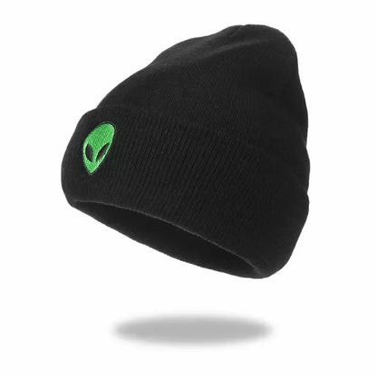 Knitted Beanie Hat with Alien Ghost Skull Embroidery