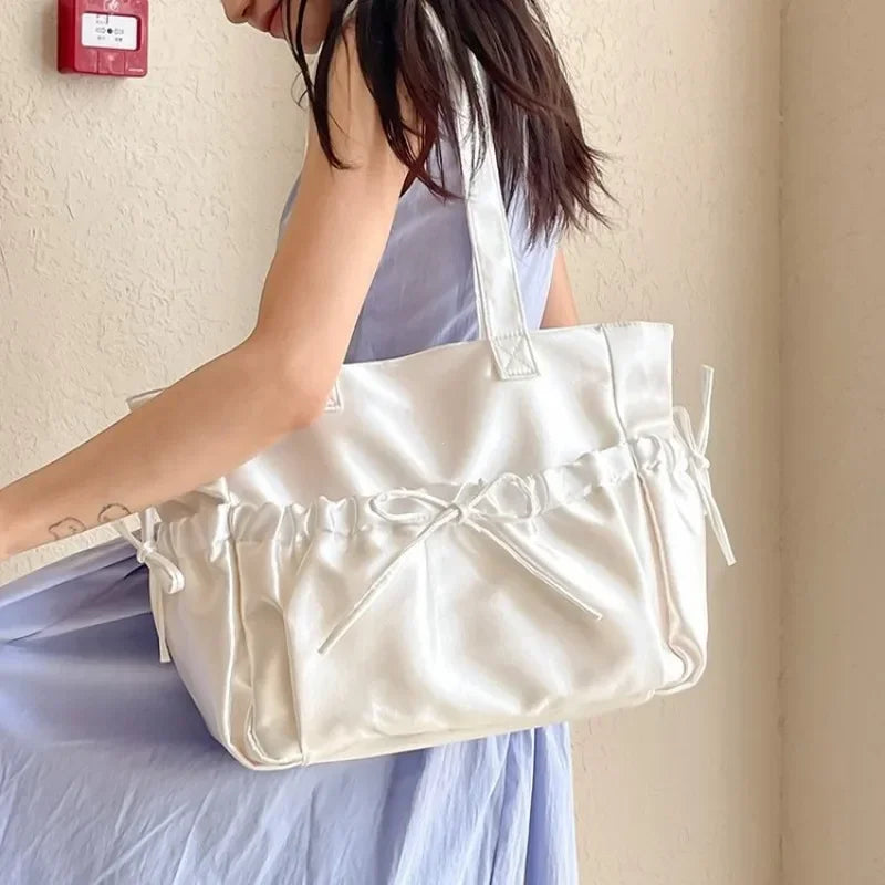 Bow Pleated Tote Bag for Women – Large Nylon Shoulder Bag