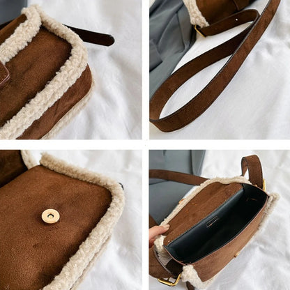 Suede Sherpa Crossbody Bag – Women's Plush Saddle Handbag