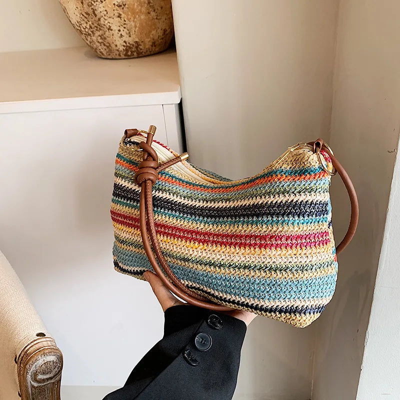 Striped Woven Straw Tote Bag – Women's Boho Shoulder Bag