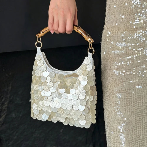 Shell Beaded Evening Bag Women Bamboo Handle Sequin Clutch