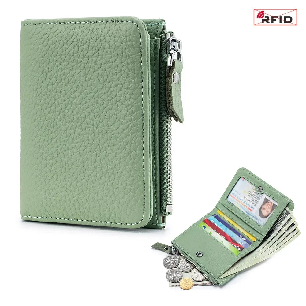 RFID Blocking Genuine Leather Wallet for Women – Short Bifold with Zipper Coin Purse