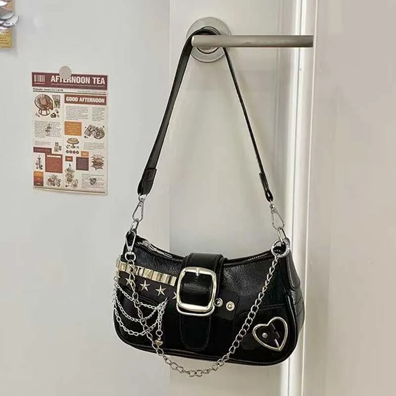 Chain Strap PU Leather Shoulder Bag – Women's Edgy Underarm Purse