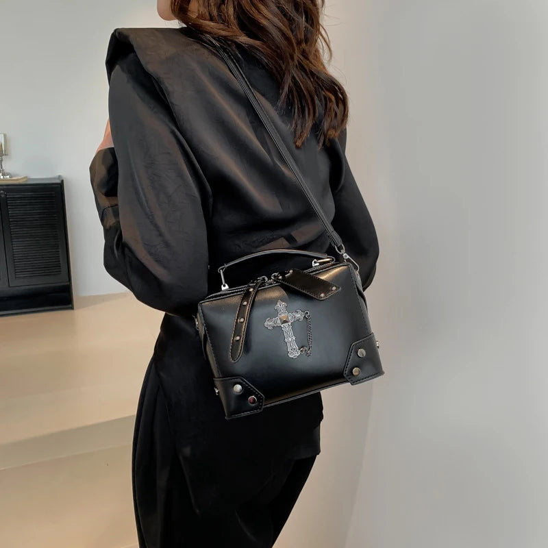 Gothic Punk PU Leather Crossbody Box Bag with Cross & Chain Detail
