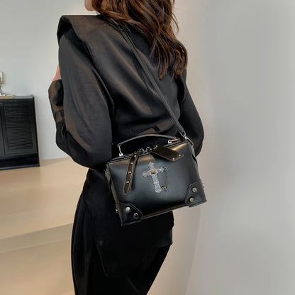 Gothic Punk PU Leather Crossbody Box Bag with Cross & Chain Detail