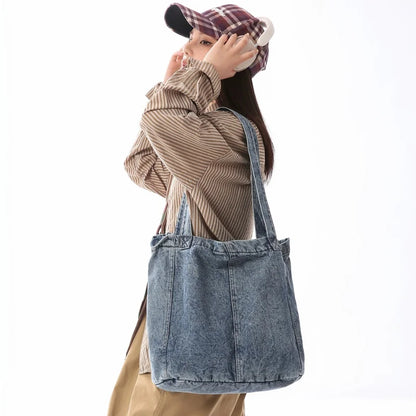 Washed Denim Tote Bag for Women – Large Vintage Shoulder Shopper Bag