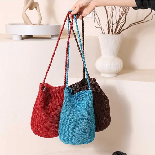 Handwoven Straw Bucket Bag – Boho Crossbody Tote