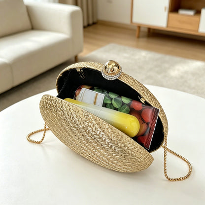Luxury Woven Evening Clutch Bag with Crystal Clasp & Gold Chain