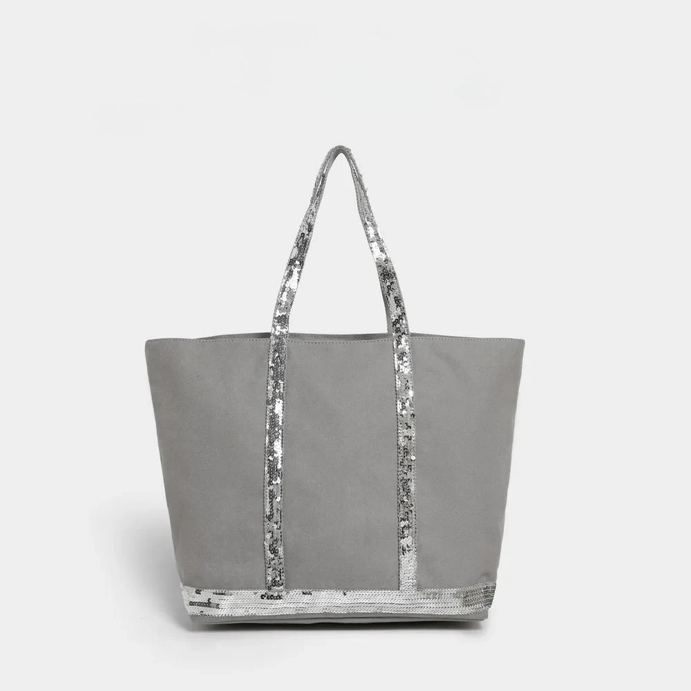 French Sequined Tote Bag Women Luxury Large Bucket Vintage Casual Woven Commuter Canvas Shopper