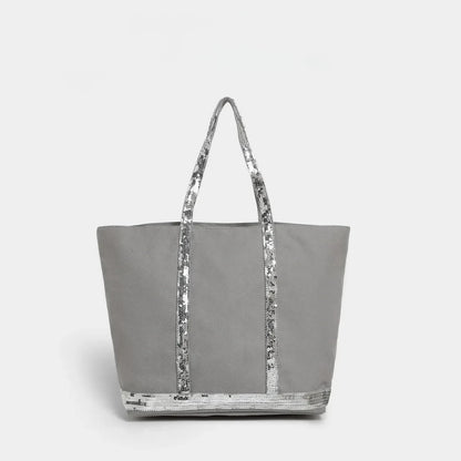 French Sequined Tote Bag Women Luxury Large Bucket Vintage Casual Woven Commuter Canvas Shopper