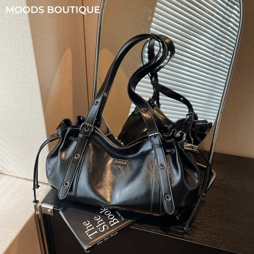Moods Practical Big Shoulder Hobo Bags Women Soft Vegan Leather Drawstring Large Capacity Shopper