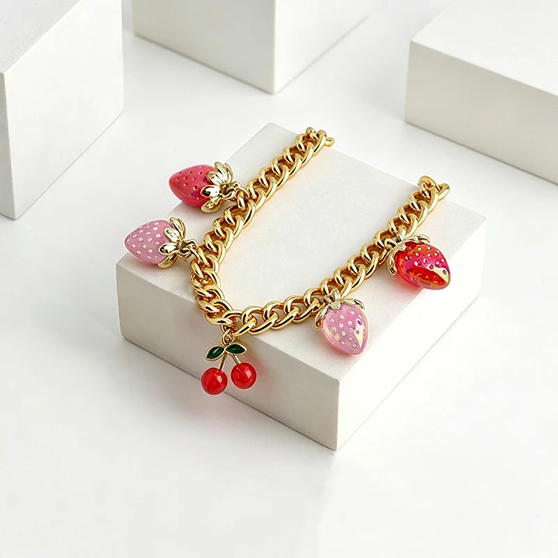 Fruit Charm Bag Chain Strap – Gold Strawberry Cherry Accessory
