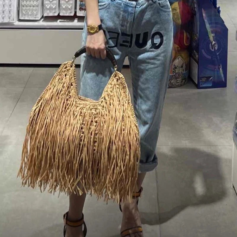 Tassel Fringe Straw Shoulder Bag – Large Boho Beach Handbag