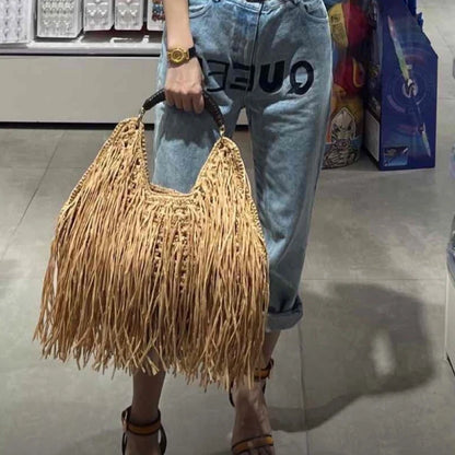 Tassel Fringe Straw Shoulder Bag – Large Boho Beach Handbag