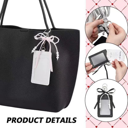 Pearl Bow Photocard Holder with Keychain – Cute ID Card Case