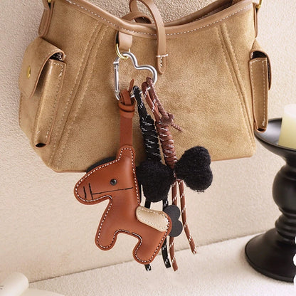PU Leather Pony Keychain Bag Charm with Braided Rope & Bow