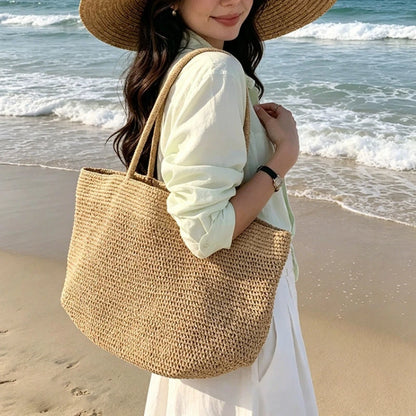 Large Handwoven Rattan Tote Bag Women Natural Straw Beach Purse Luxury Shoulder Bags Handbag Summer