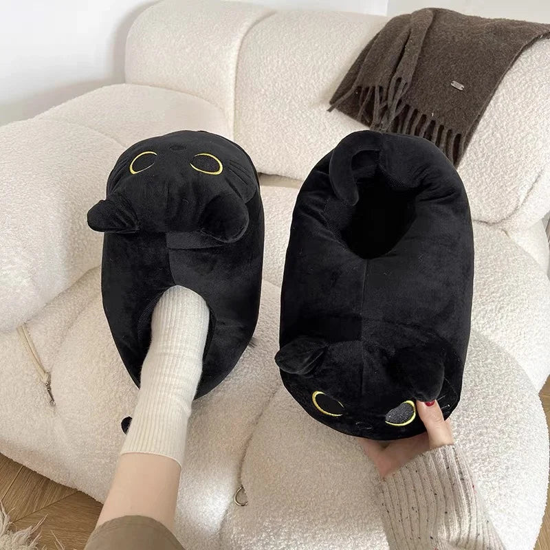 Black Cat Plush Slippers – Funny Warm Indoor House Shoes