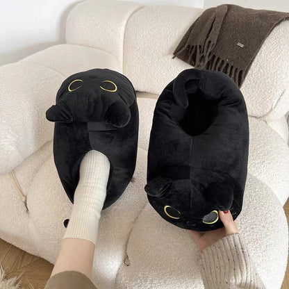 Black Cat Plush Slippers – Funny Warm Indoor House Shoes