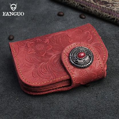 Men's Genuine Cowhide Leather Short Wallet – Floral Embossed Card Holder