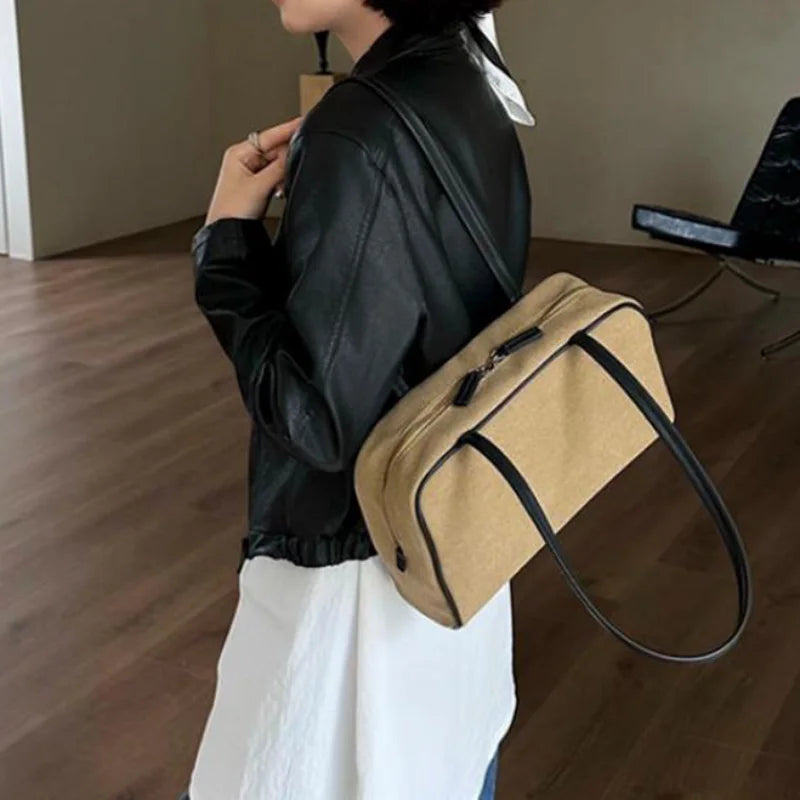 Canvas Bowling Shoulder Bag – Large Capacity Vintage Handbag with Leather Handles