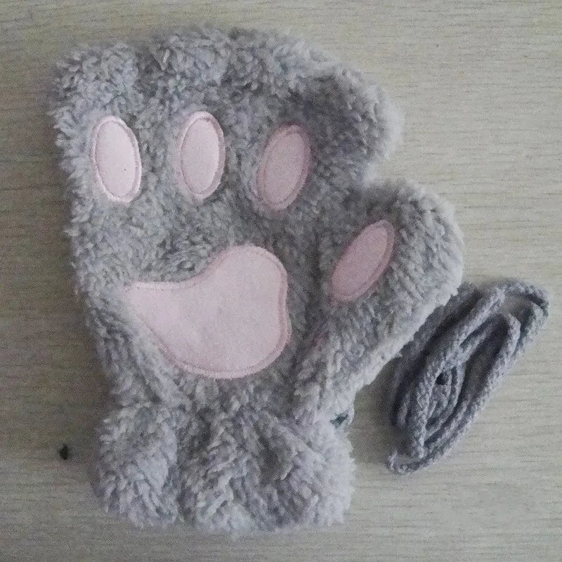 Winter Gloves Women Bear Plush Cat Paw Claw Cute Kitten Fingerless Mittens Christmas Halloween Girls