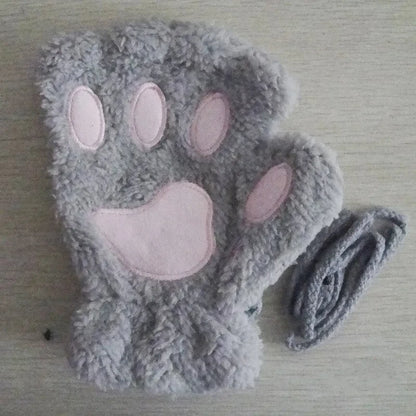 Winter Gloves Women Bear Plush Cat Paw Claw Cute Kitten Fingerless Mittens Christmas Halloween Girls
