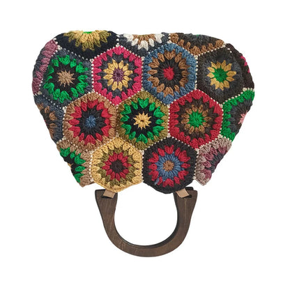 Bohemian Granny Squarecrochet Women Handbags Vintage Wooden Knitted Hand Bags Handmade Woven Large
