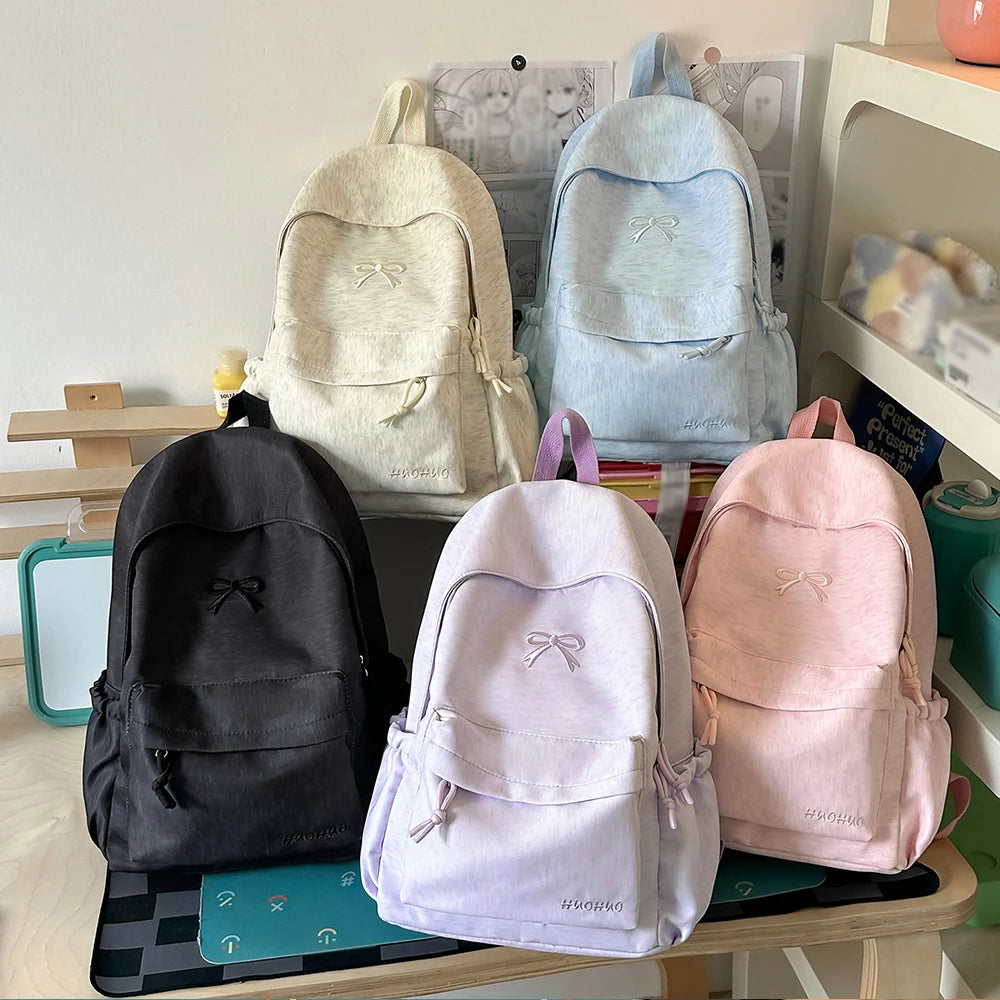 Bow Embroidery Pastel Backpack for Teen Girls – Cute School Bag