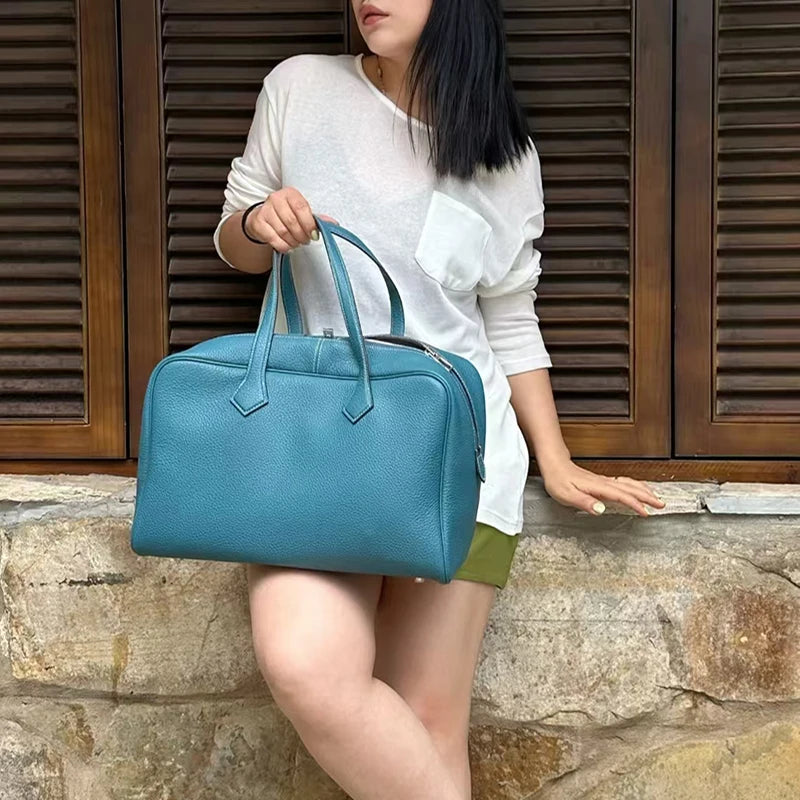 Large Boston Tote Bag – Lychee Pattern Leather Bowling Handbag
