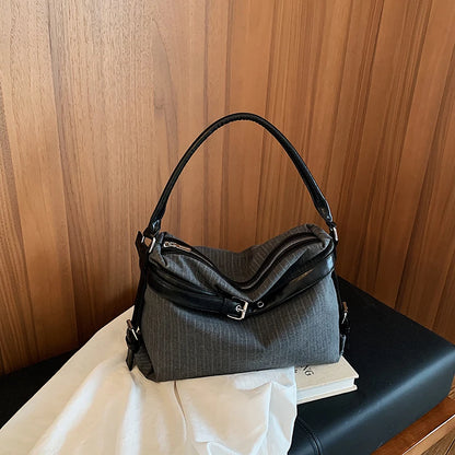 Moods Business Style Shoulder Cross Body Hobo Bags Women Cotton Fabric Striped Large Capacity