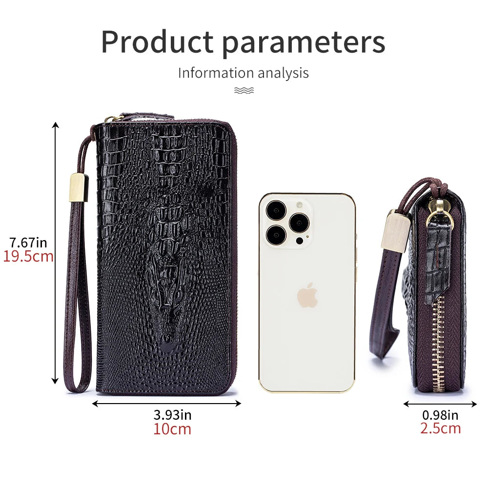 Crocodile Pattern Genuine Leather Long Zipper Wallet