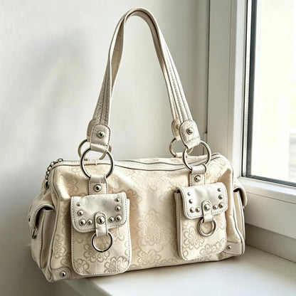 Y2K Retro Printed Shoulder Bag with Rivet Multi-Pocket Tote