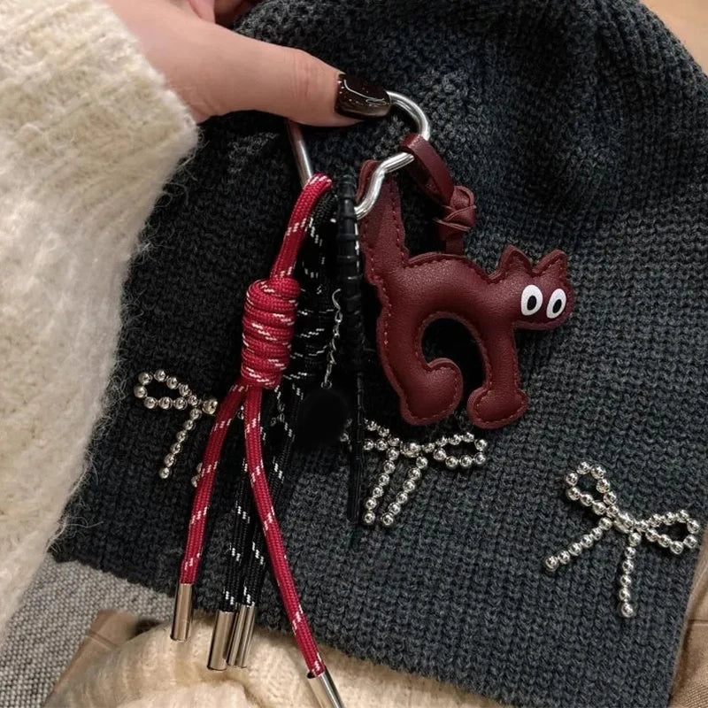 Cute Leather Cat Keychain Bag Charm with Pearl Rope