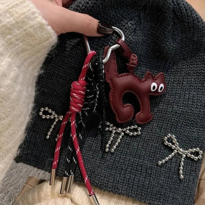 Cute Leather Cat Keychain Bag Charm with Pearl Rope
