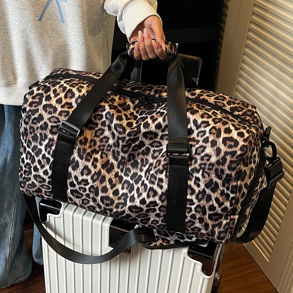 Leopard Print Women's Gym Duffle Bag with Shoe Compartment