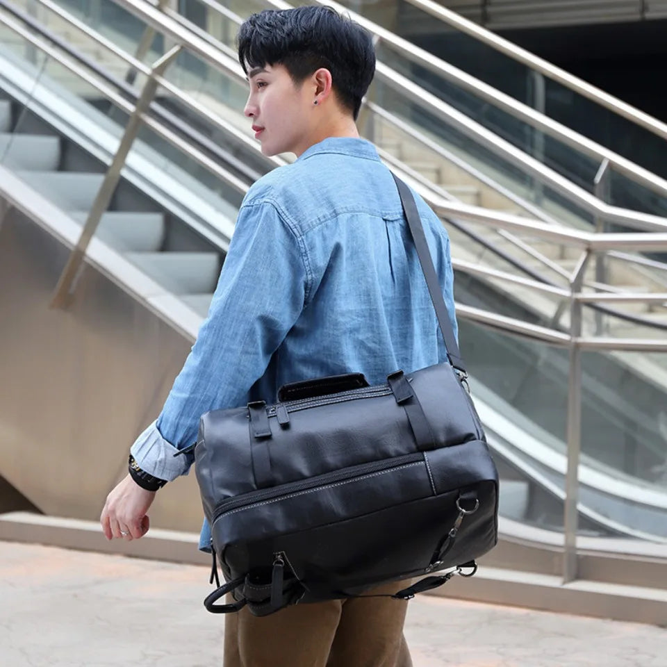 Large Travel Backpack for Men – Multi-Functional PU Leather Bag