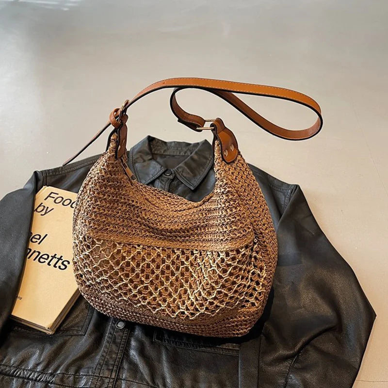 Straw Woven Shoulder Tote Bag with Adjustable Leather Strap