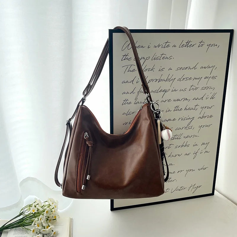Women's Leather Shoulder Bag – Crossbody Tote with Pendant