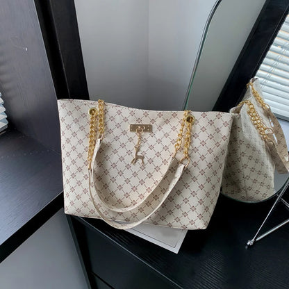 Large Capacity Women's Tote Bag with Gold Chain Strap & Print