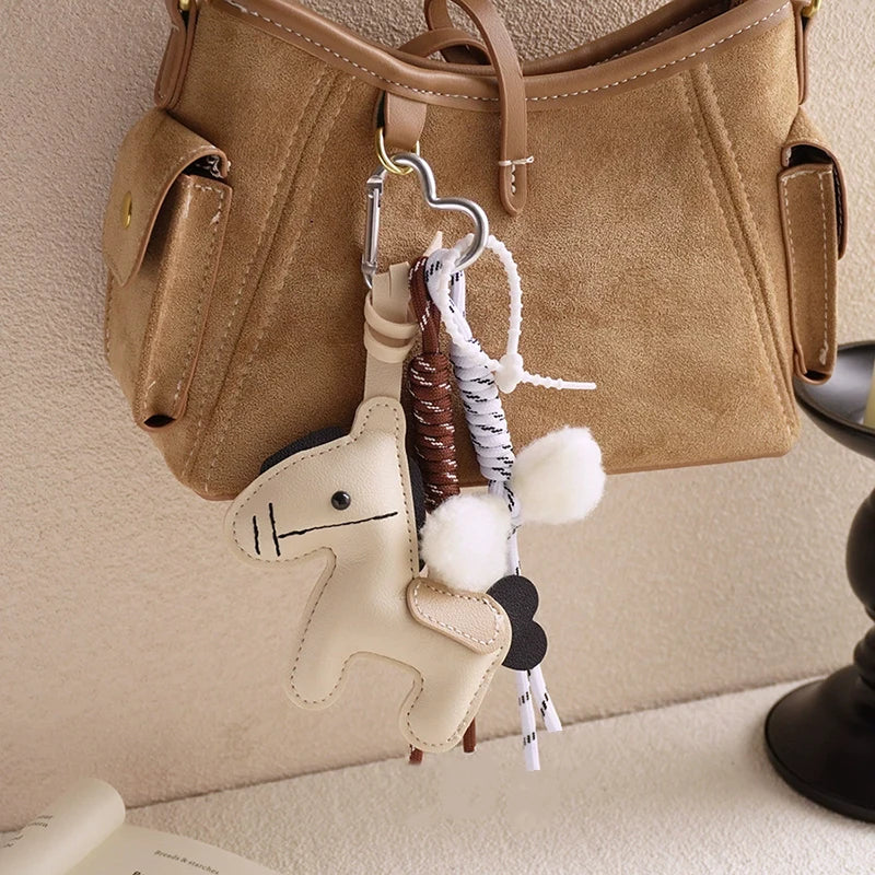 PU Leather Pony Keychain Bag Charm with Braided Rope & Bow