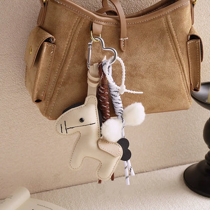 PU Leather Pony Keychain Bag Charm with Braided Rope & Bow