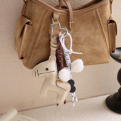 PU Leather Pony Keychain Bag Charm with Braided Rope & Bow