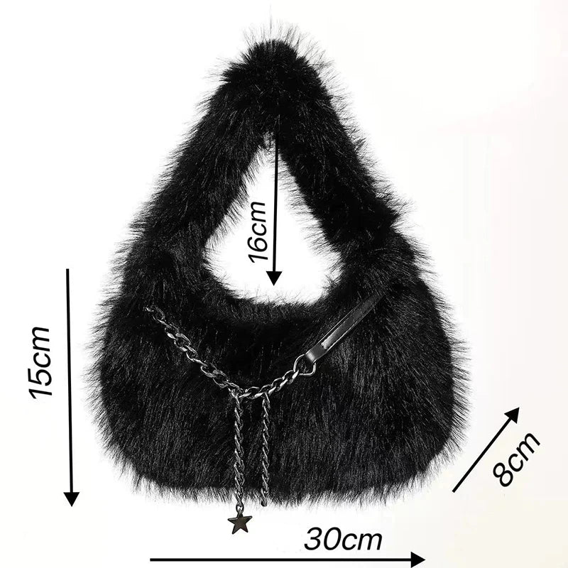 Fluffy Plush Shoulder Bag - Luxury Metal Chain Handbag for Women